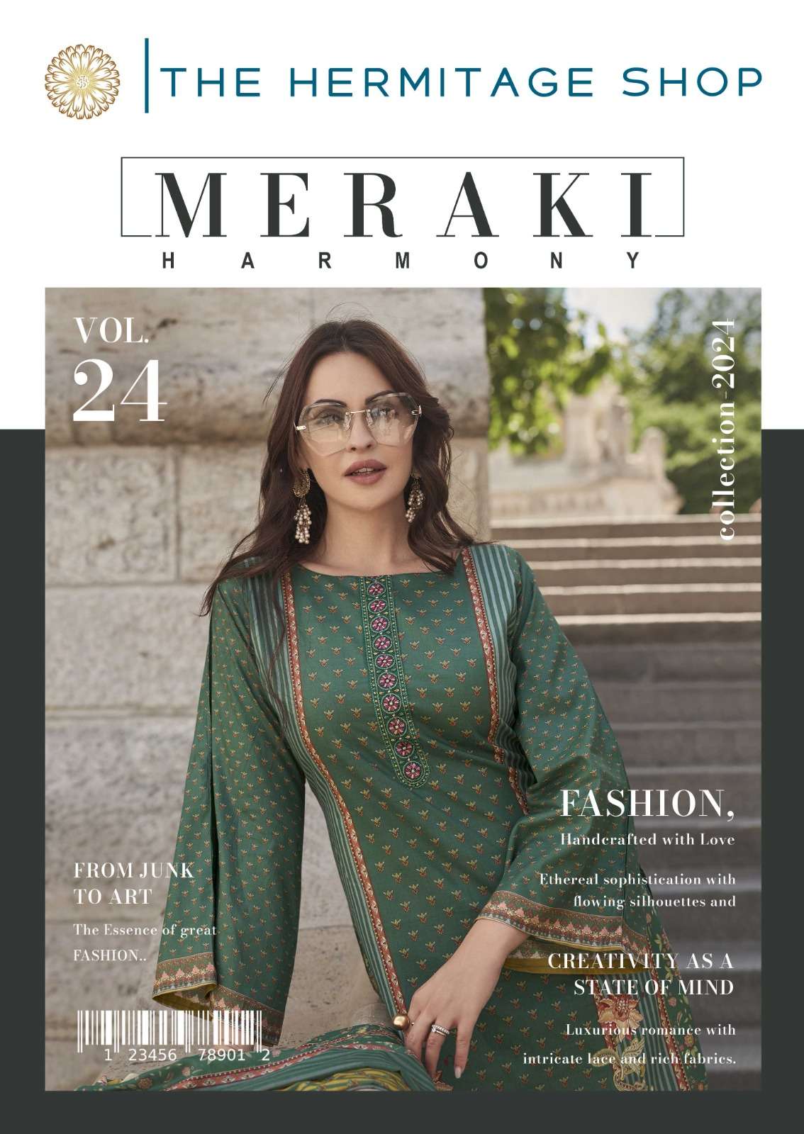 meraki vol-24 by the hermitage shop 9000-9005 series karachi prints with embroidered lawn suits wholesale collection surat gujarat 