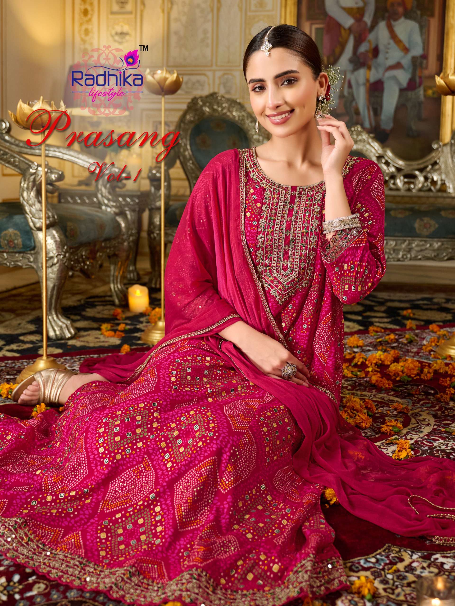 radhika lifestyle prasang vol-1 1001-1005 series anarkali gown style kurti pant with dupatta set dealer surat 