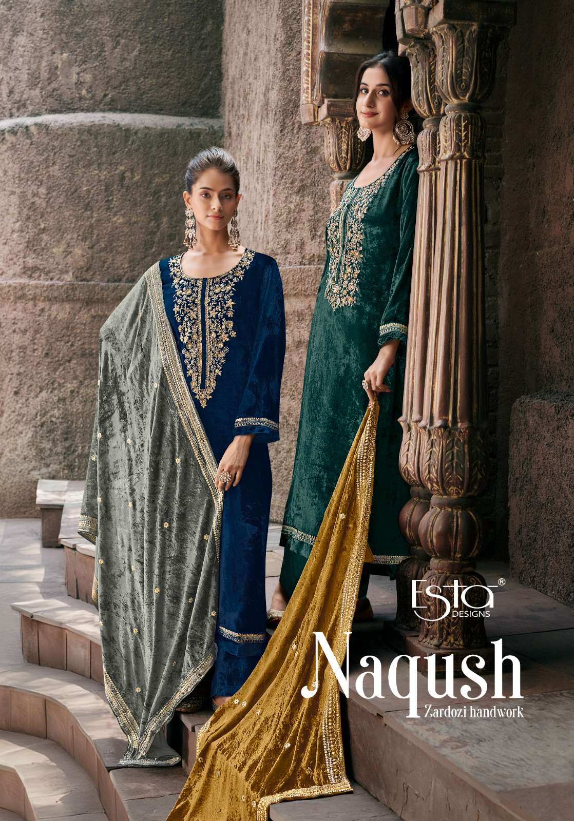 naqush by esta designs 101-106 series heavy designer silk velvet salwar suits party wear collection surat 