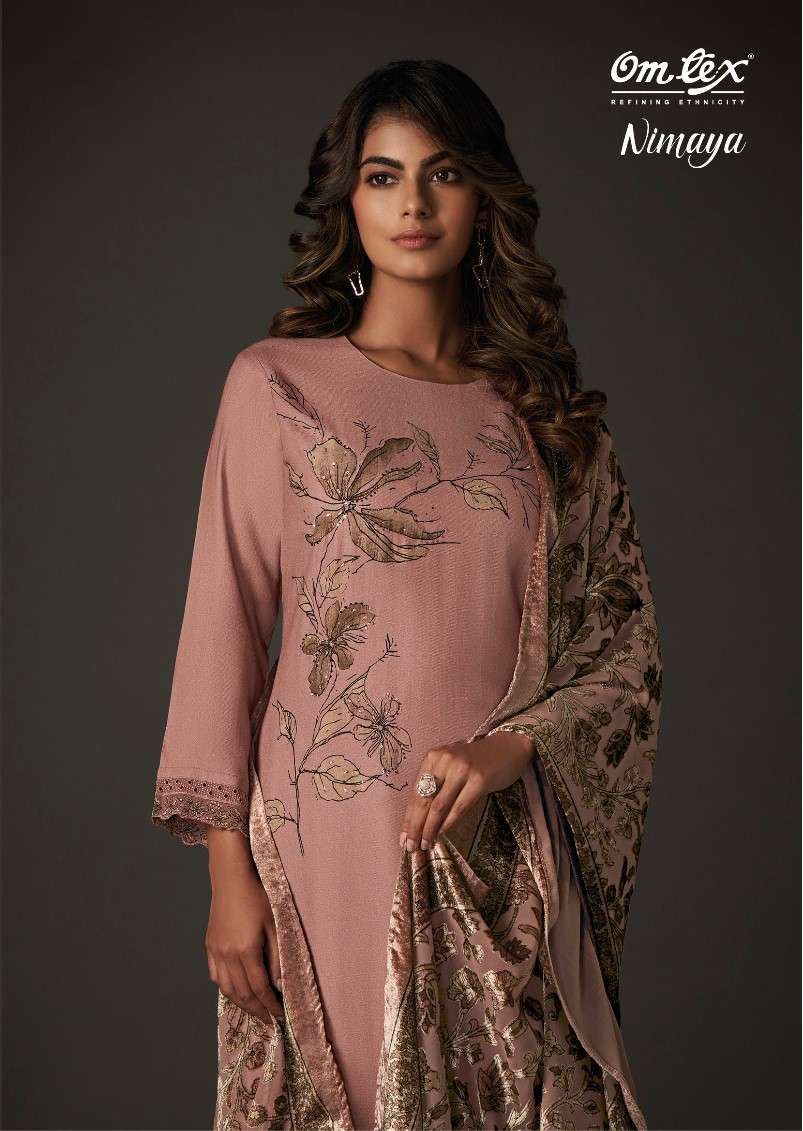 nimaya by om tex pure pashmina digital print with handwork dress material catalogue online wholesaler surat