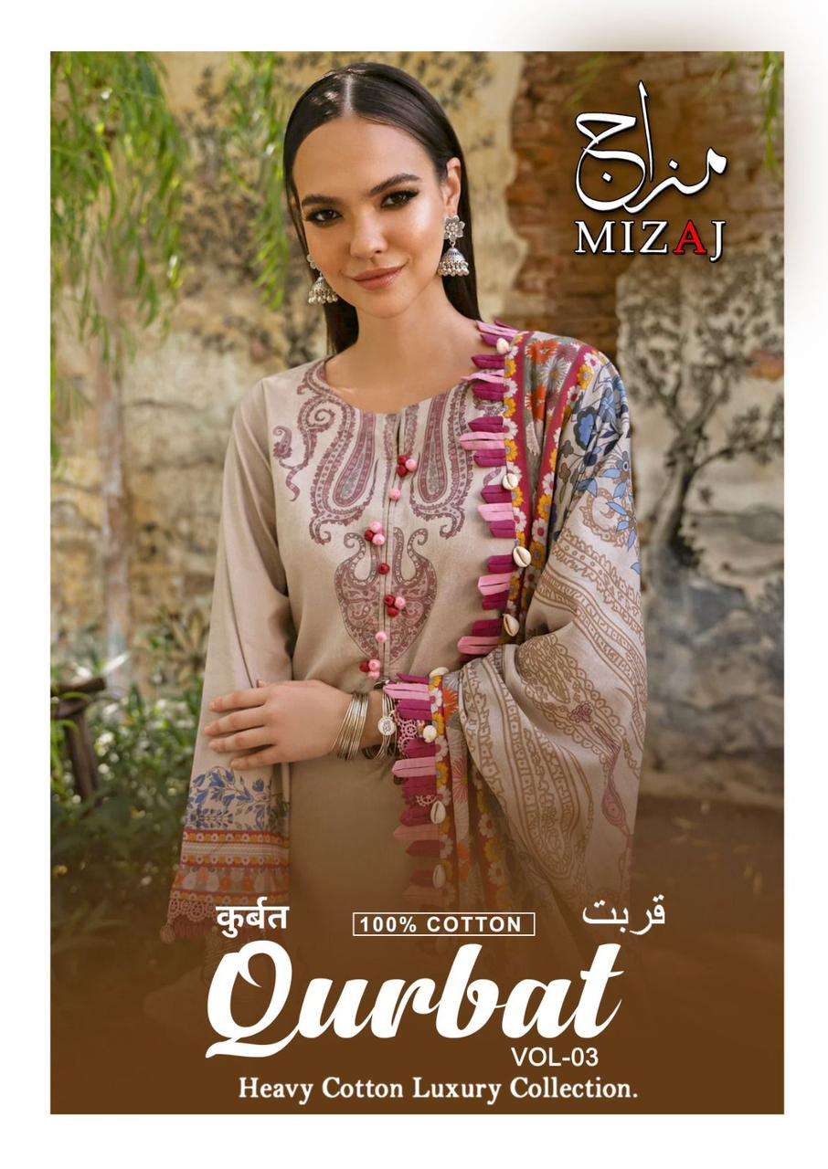 qurbat vol-3 by mizaj 3001-3006 series fancy designer pure cotton dress material catalogue surat gujarat 