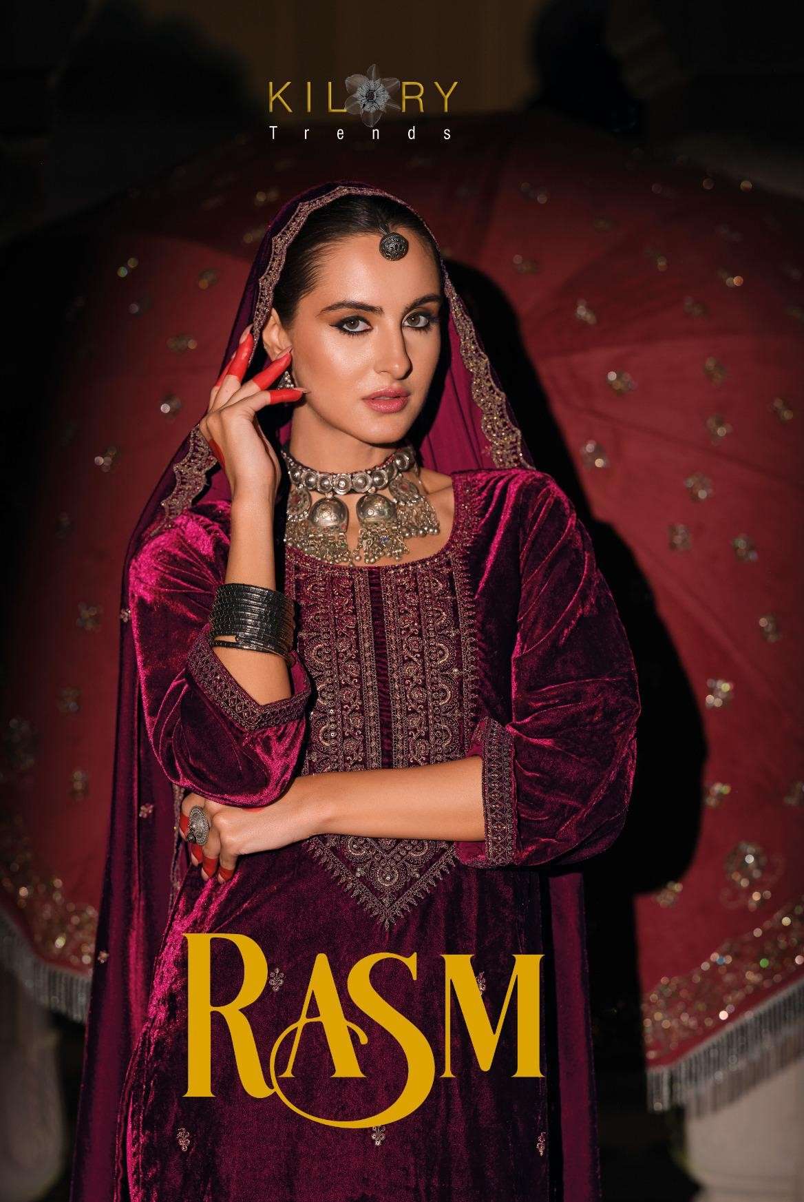 rasm by kilory trends 1201-1206 series party wear designer velvet heavy suits catalogue manufacturer surat