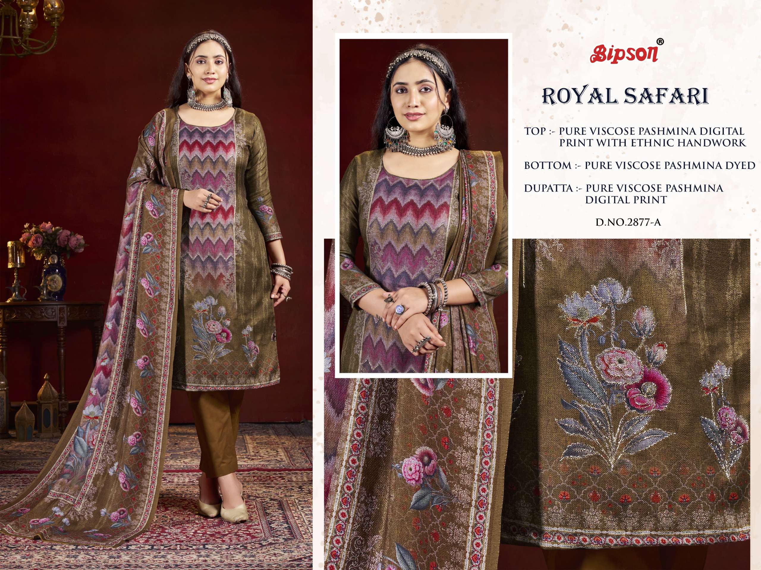 royal safari 2877 series by bipson prints pure viscose pashmina salwar suits winter collection surat