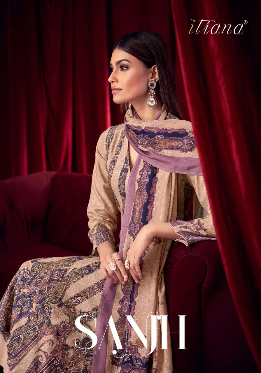 sanjh by itrana latest designer trendy unstich suits catalogue wholesale purchasing surat