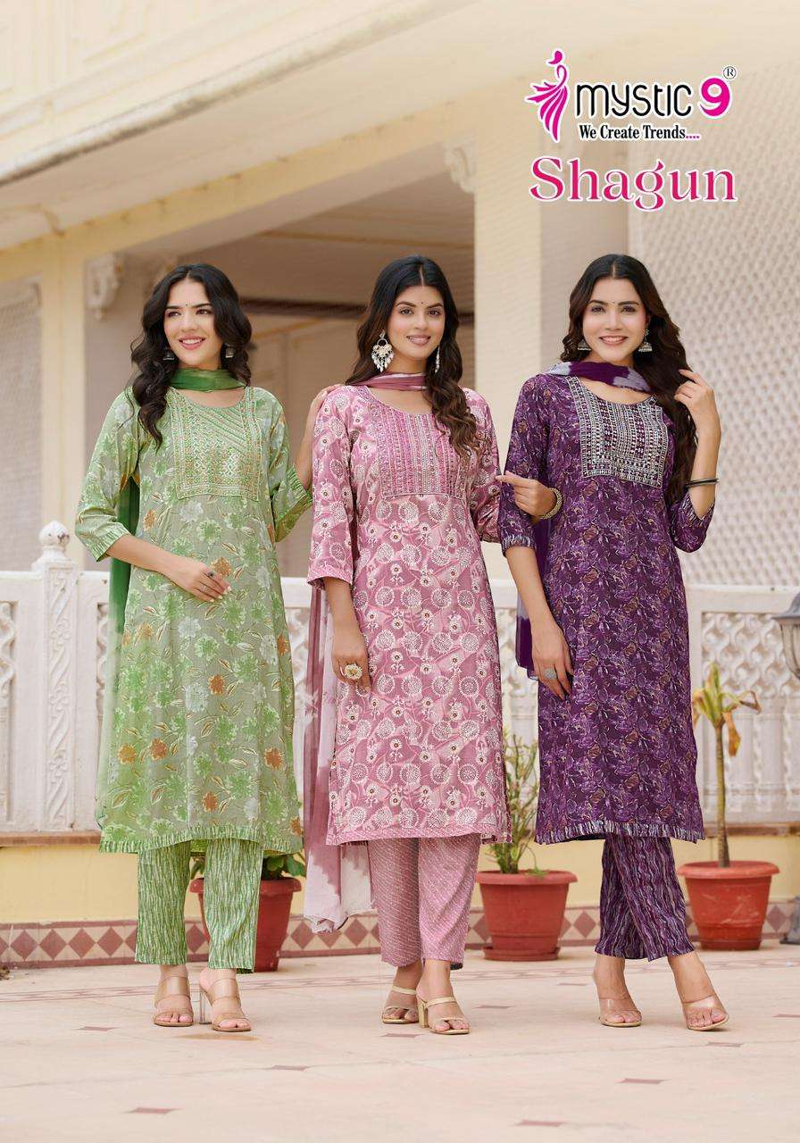 shagun vol-8 by mystic 9 8001-8008 series rayon capsule straight cut kurtis catalogue wholesale collection surat gujarat 