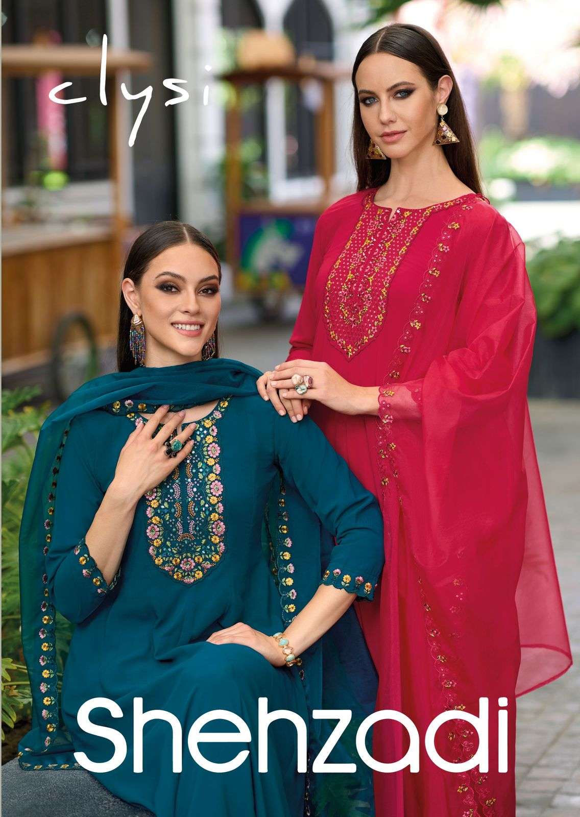 shehzadi by clysi 1001-1004 series softy viscose top bottom with organza work dupatta set online best rate surat 