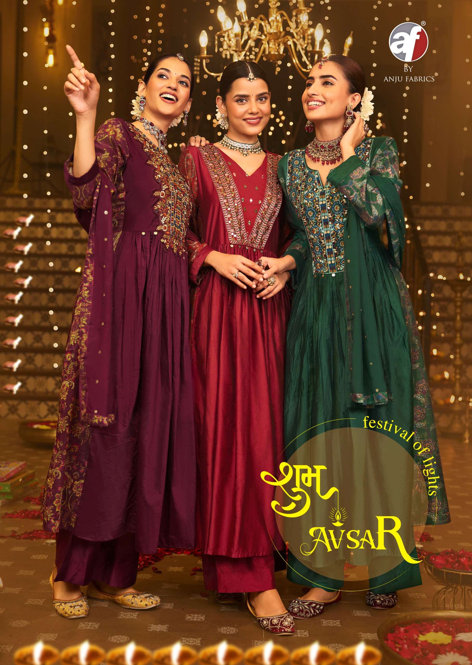 shubh avsar by anju fabrics 4061-4065 series flared long kurti palazzo with dupatta set festive collection surat 