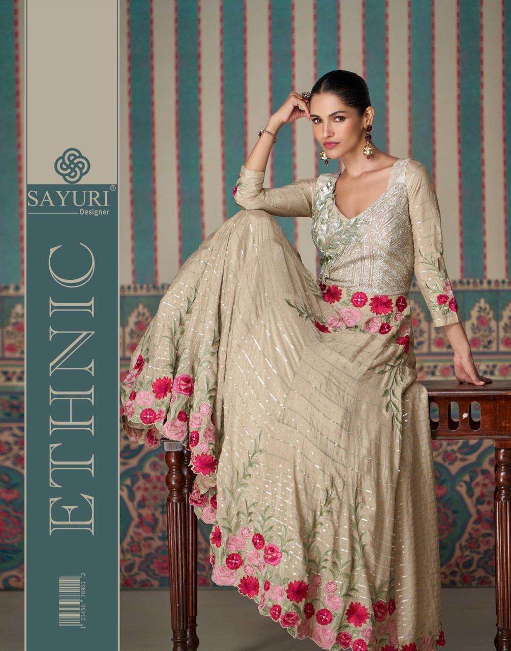 sayuri designer ethnic 5681-5683 series party wear premium real chinon silk embroidred gown catalogue surat