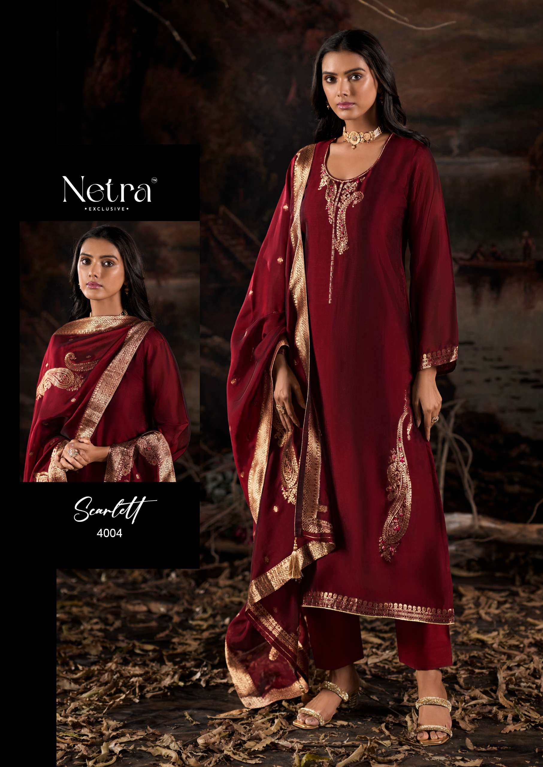 SCARLETT BY NETRA PURE PREMIUM SILK DESIGNER LOOK UNSTICH DRESS MATERIAL WHOLESALE PRICE SURAT