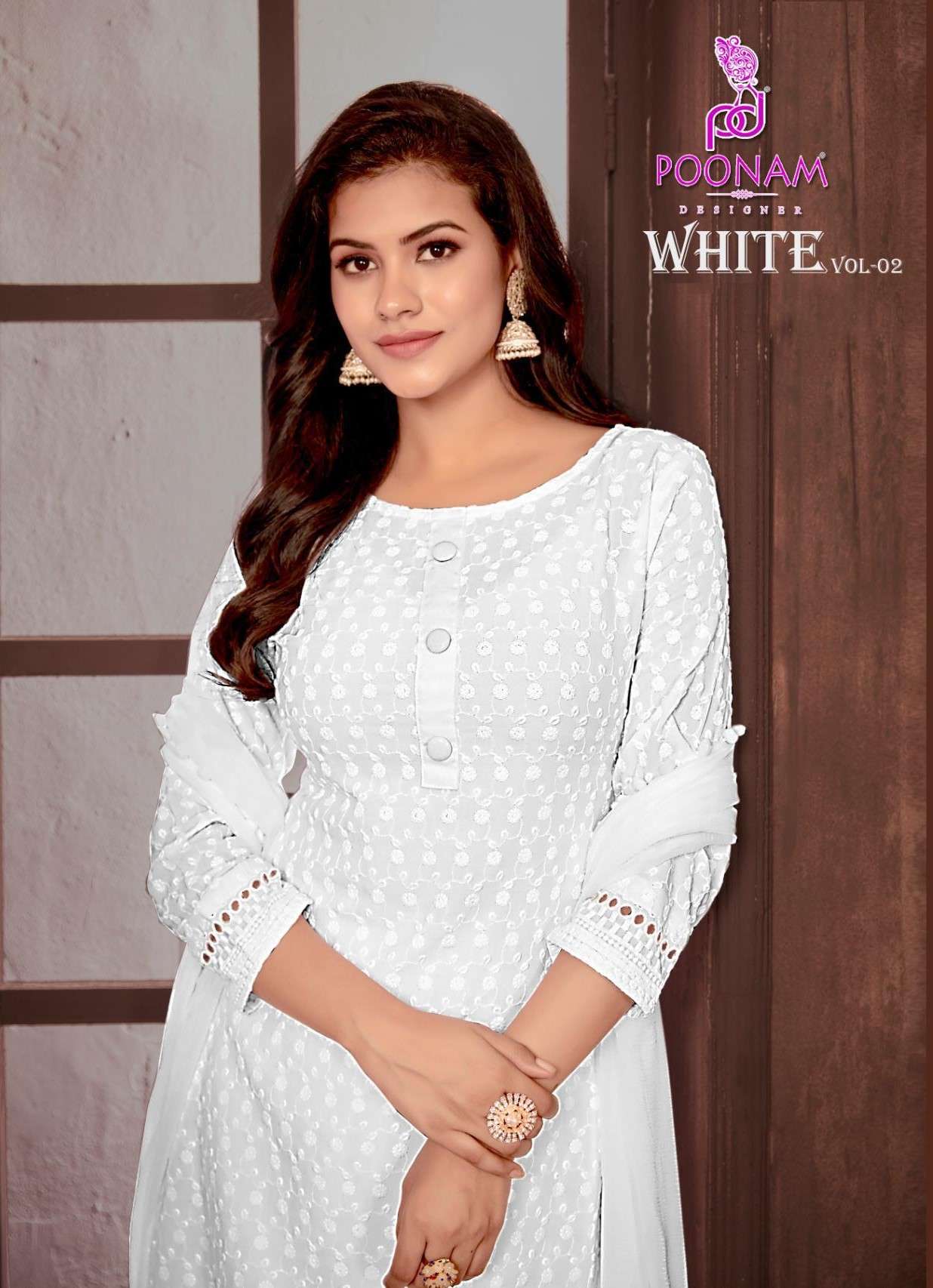 white vol-2 by poonam designer 1001-1008 series decent look designer white kurti set wholesale rate surat