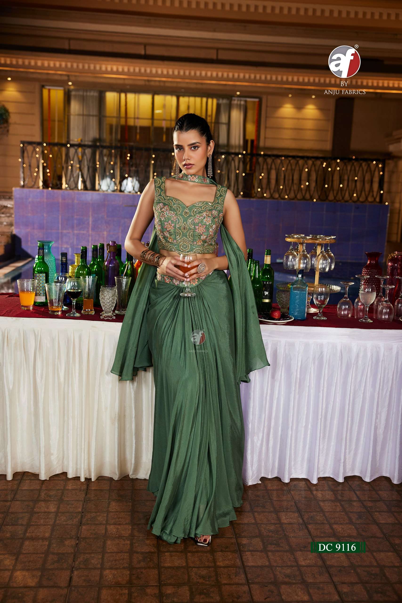 anju fabrics 9116 designer crop top with drape skirt and dupatta set wholesale rate surat 