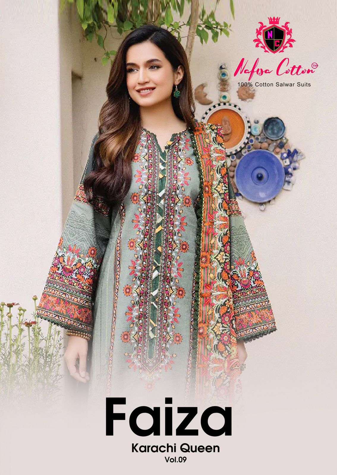 faiza karachi queen vol-9 by nafisa cotton 9001-9006 series pakistani designer cotton suits catalogue wholesaler surat 