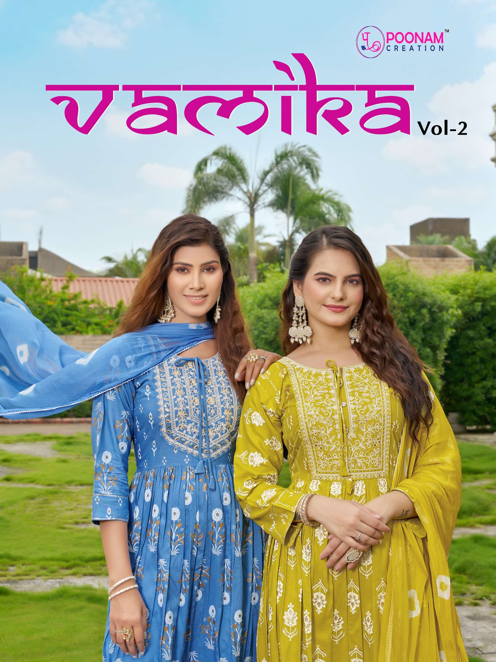vamika vol-2 by poonam creation 1001-1006 series nayra cut designer rayon top bottom with dupatta set wholesaler surat 