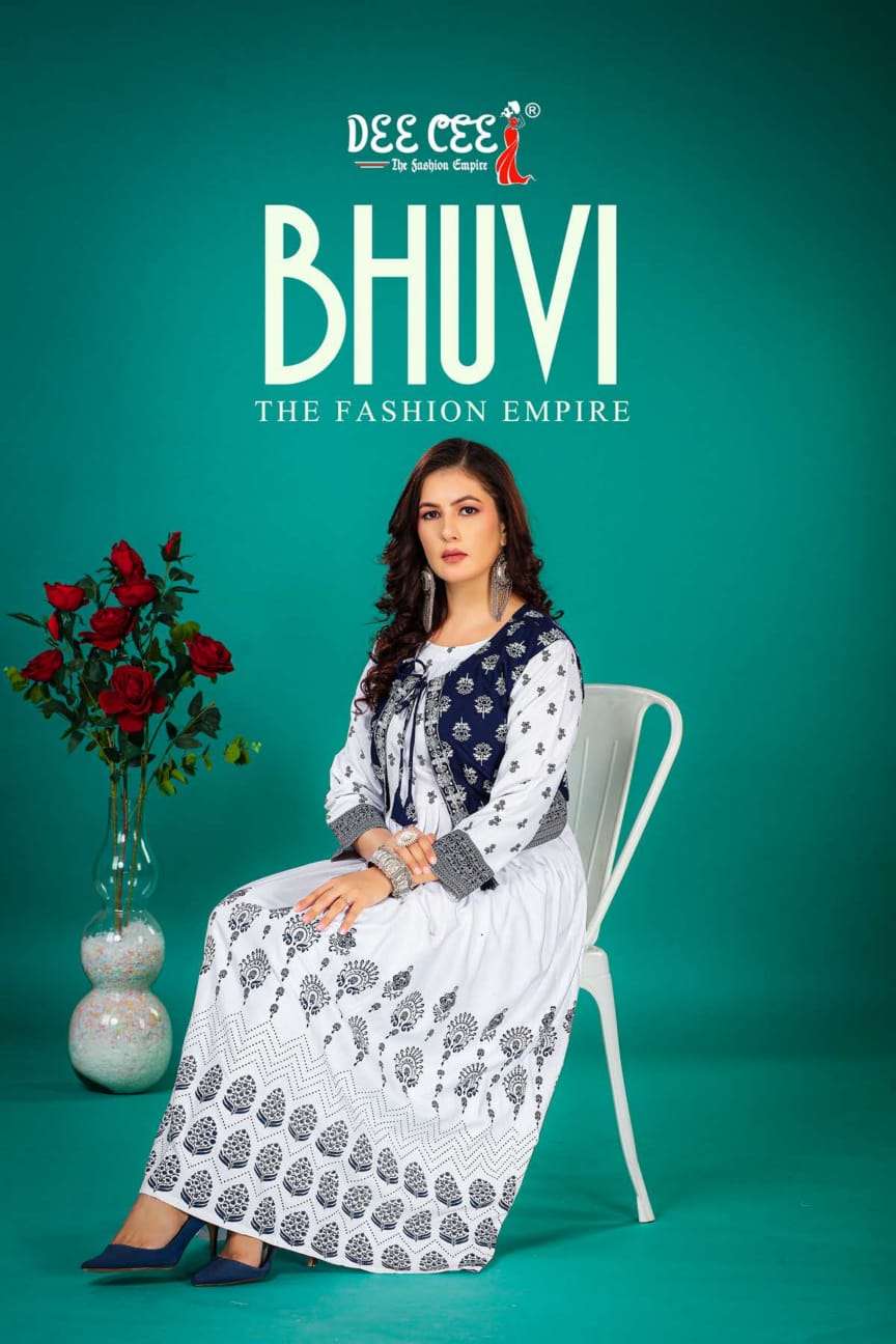 bhuvi by deecee 101-106 series rayon designer fancy kurtis latest catalogue wholesale supplier surat 