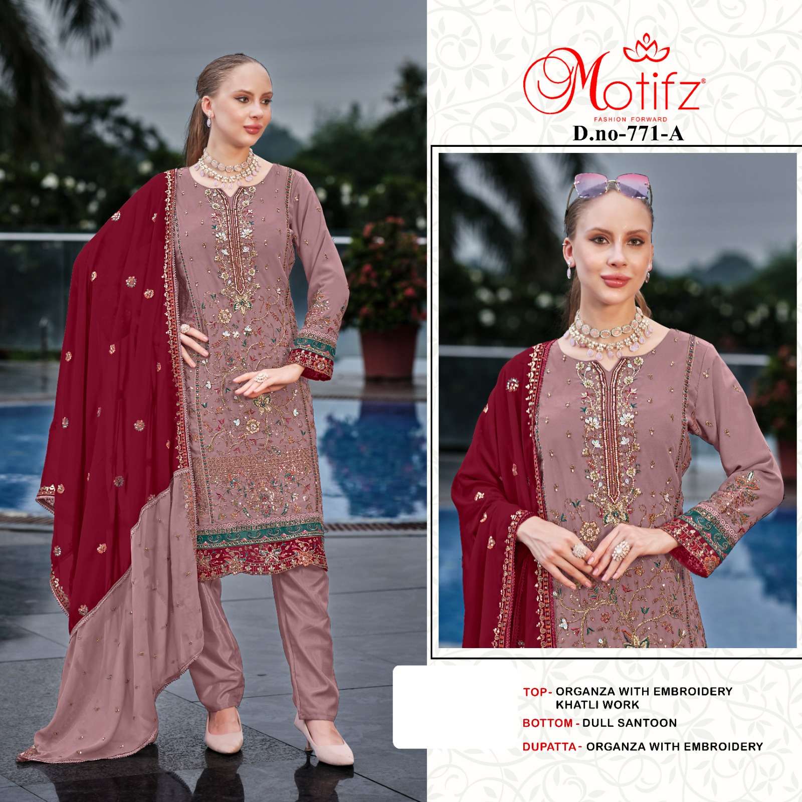 motifz 771 colours organza with embroidery khatli work dress material set wholesale dealer surat 