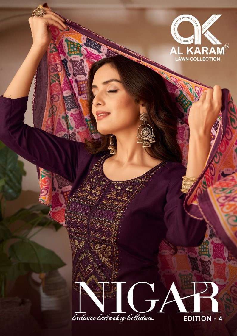 al karam nigar vol-4 4001-4006 series rayon designer dress material catalogue wholesale price surat gujrat