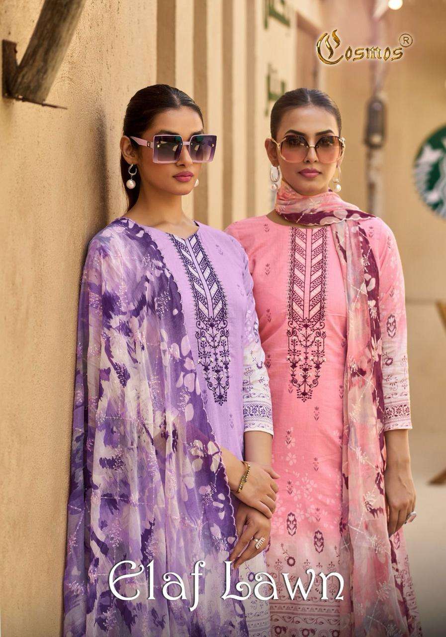 elaf lawn vol 1 by cosmos fashion 401-408 series lawn cotton heavy embroidery work designer salwar kameez collection surat