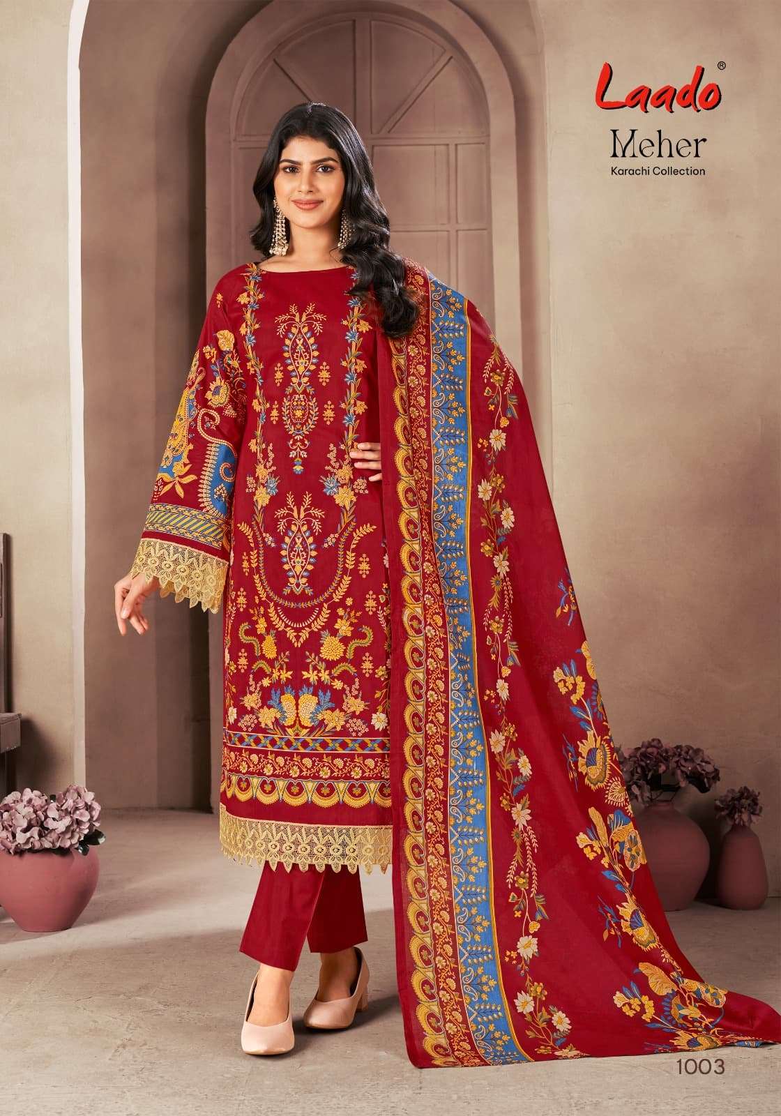 karachi collection by laado meher 1001-1006 series pure cotton heavy quality salwar kameez best price online surat india 