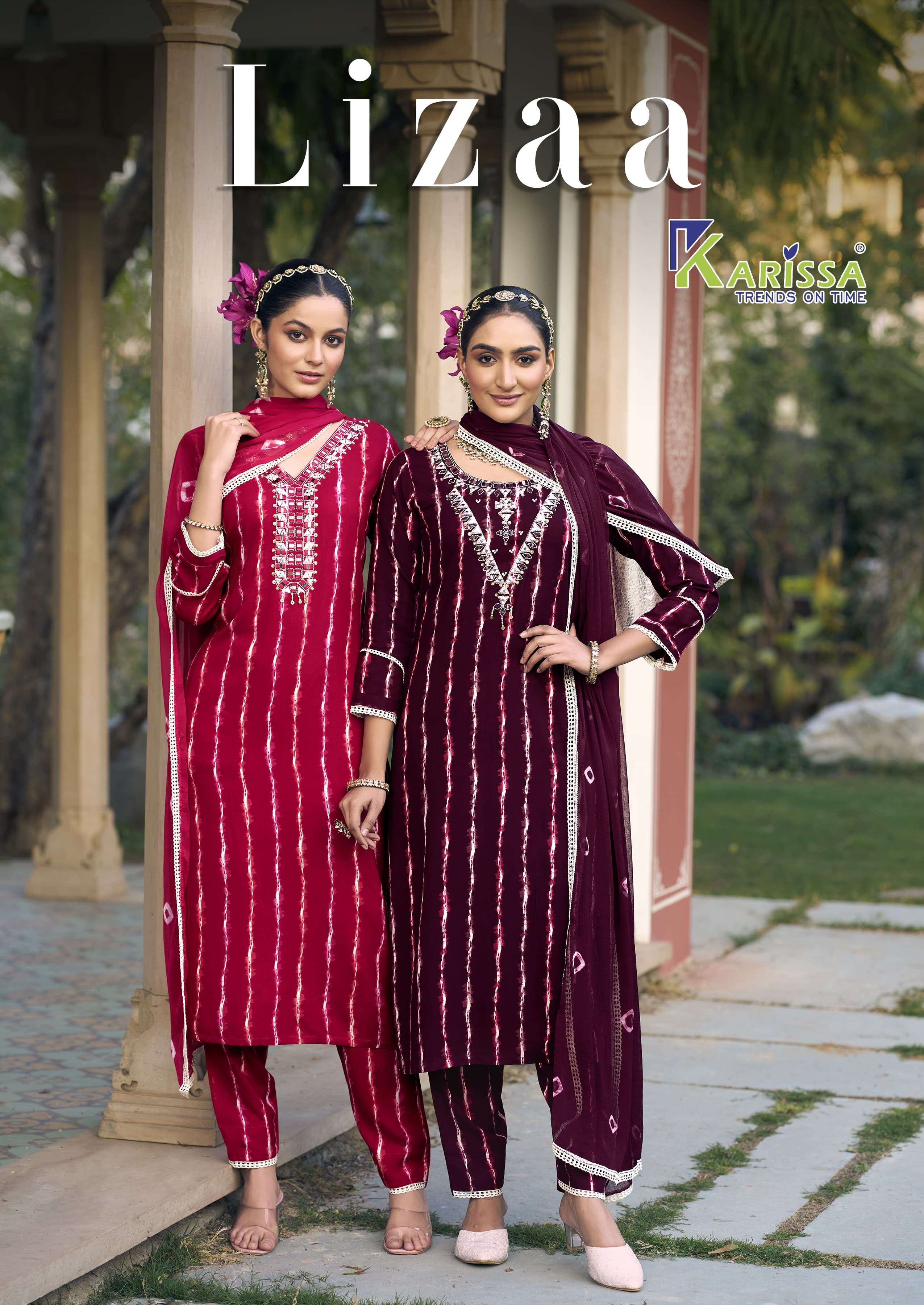 lizaa by karissa 1001-1006 series premium pure rayon new designer free size salwar kameez best price online surat india 