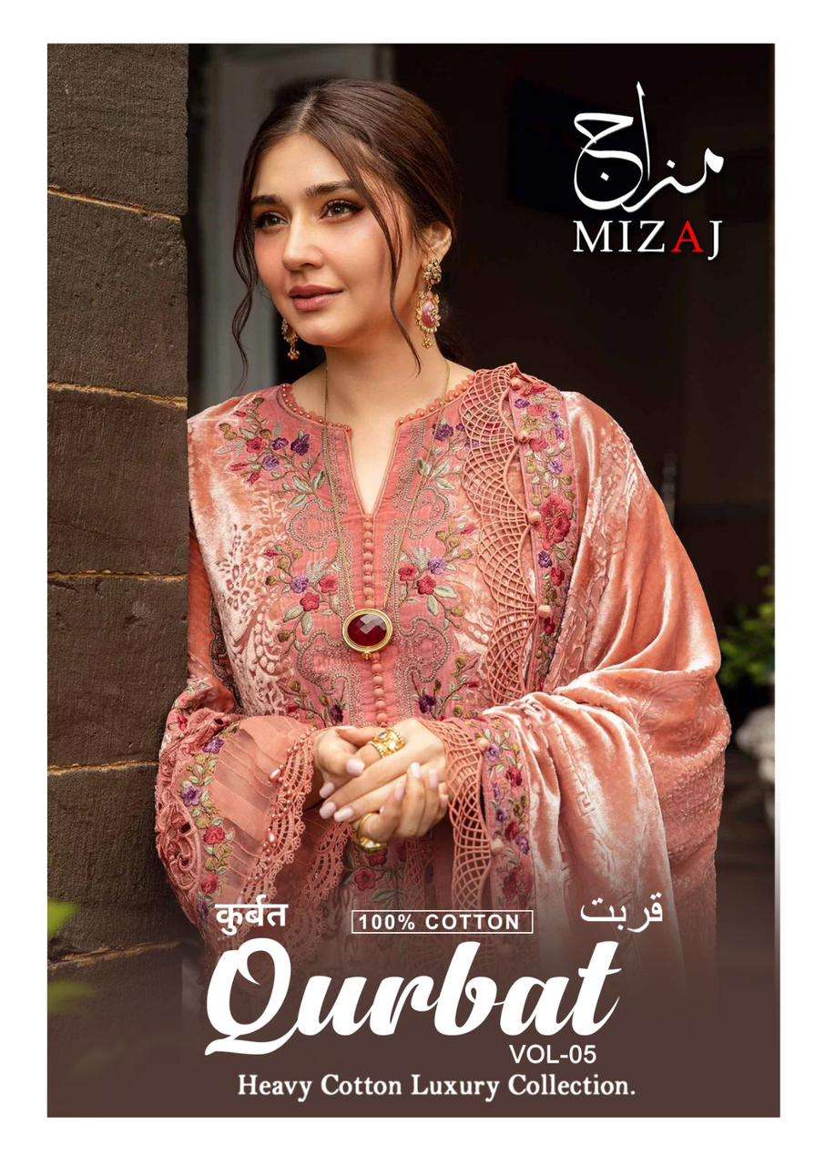 mizaj qurbat vol-5 5001-5006 series cotton dress material pakistani latest wholesale collection surat 