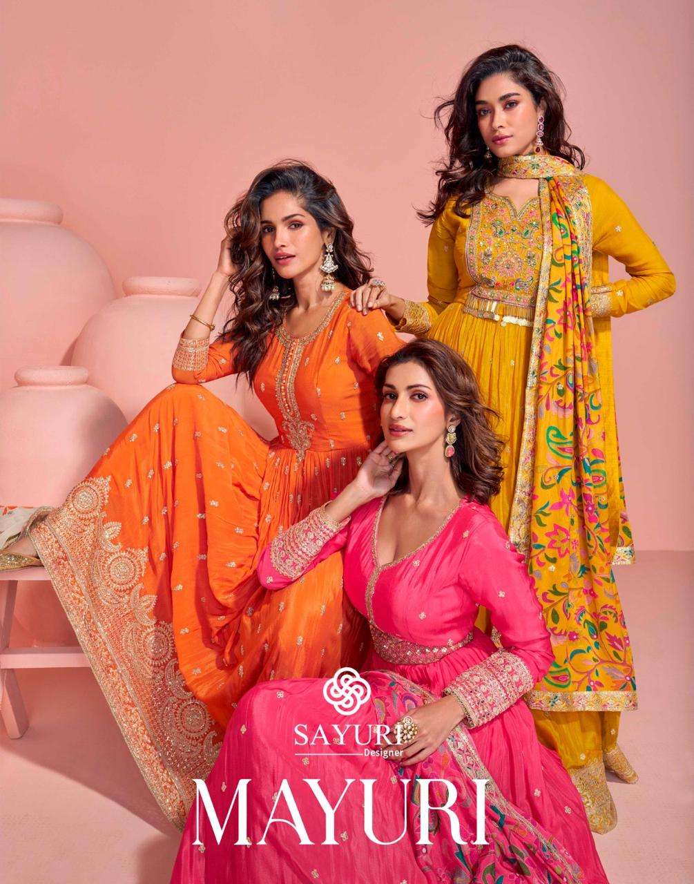 sayuri designer mayuri 5792-5794 series exclusive party wear chinon embroidered free size gown 3 pcs set to set catalogue surat