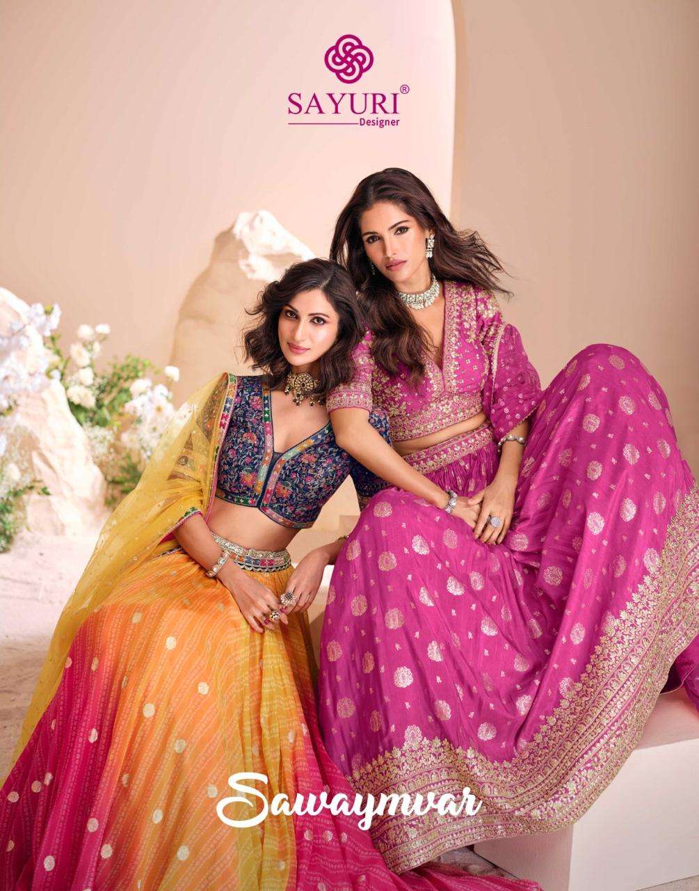 sayuri designer swayamwar 5696-5698 series designer free size stich pure viscose jacquard silk party wear  wedding lehenga collection 