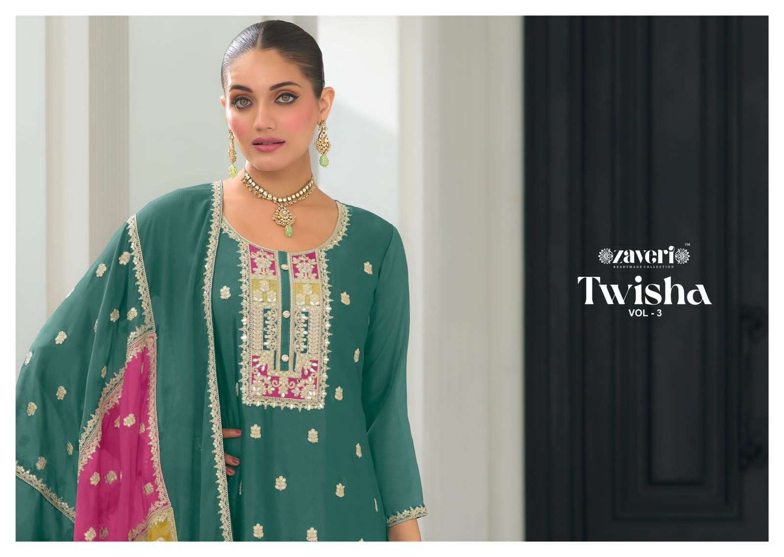 twisha vol 3 by zaveri 1379-1382 series heavy chinon with embroidery readymade new designer salwar kameez best price online surat india