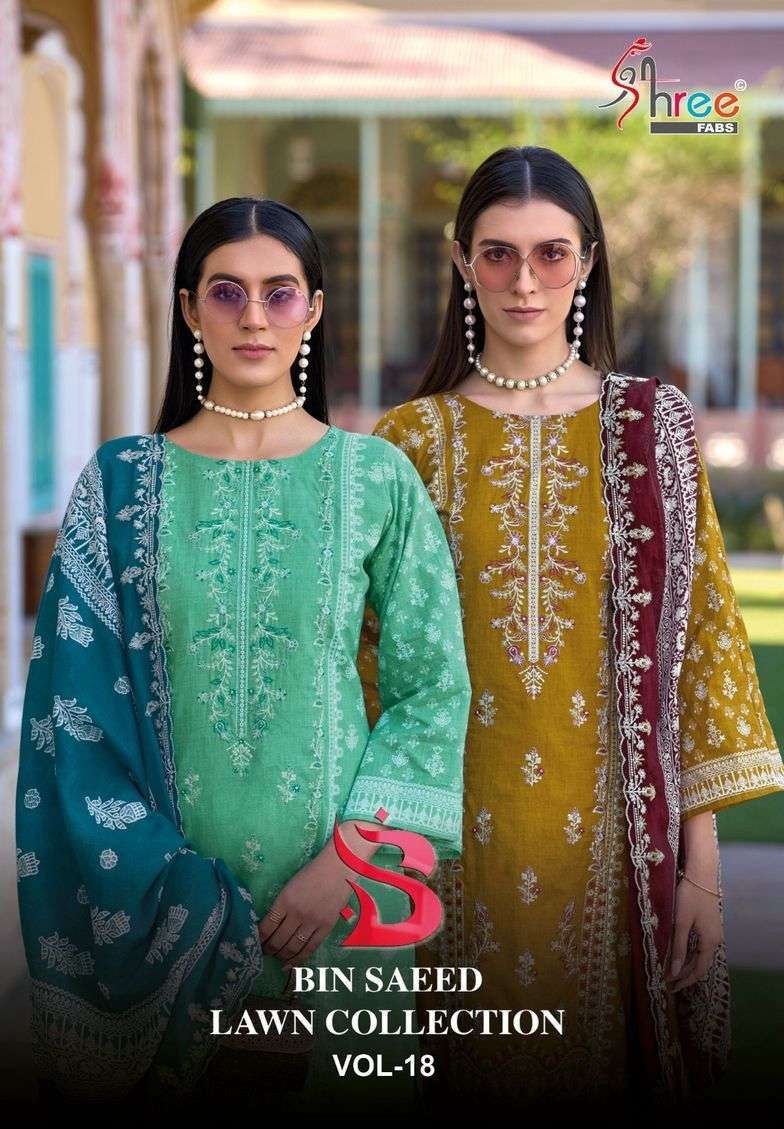 bin saeed lawn collection vol 18 by shree fabs cotton with embroidered salwar kameez wholesale price surat