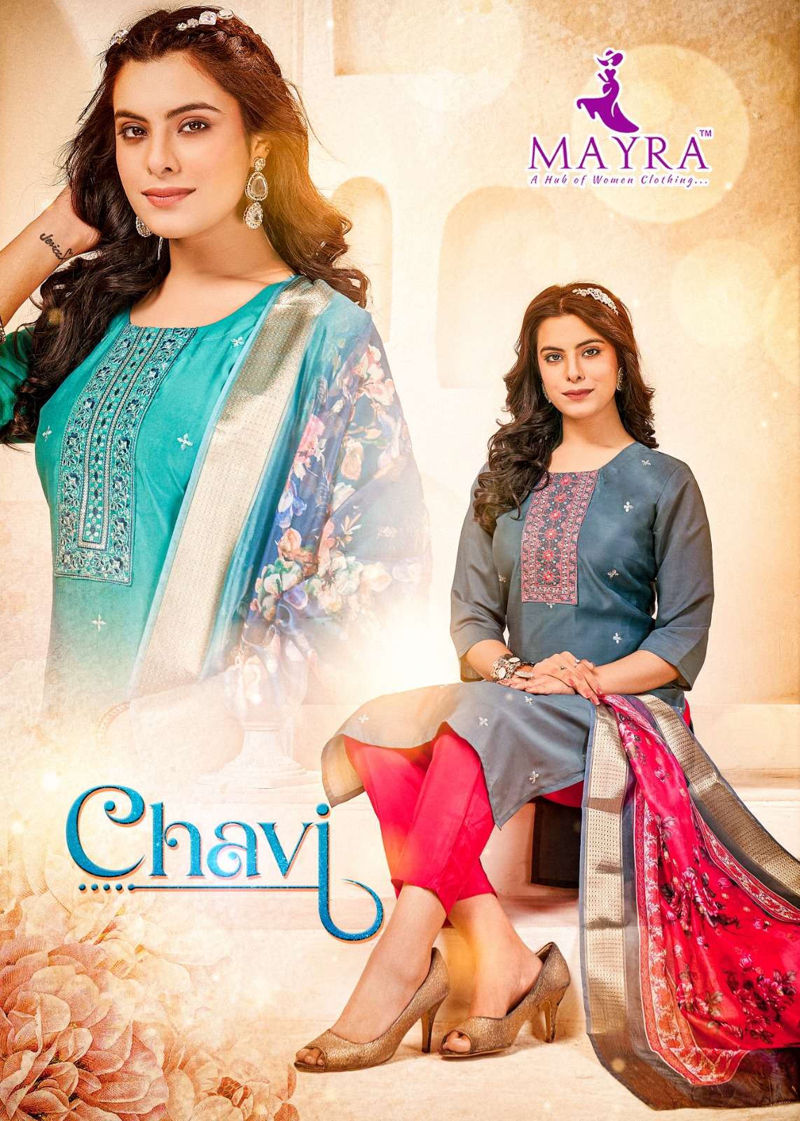 chaavi by mayra fashion 91295-91305 series roman silk tie work with sequence embroidery readymade kurti set best online price surat