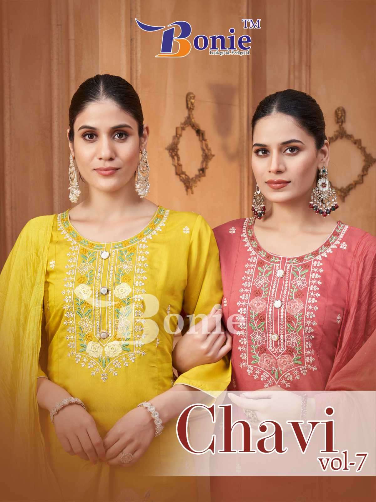 chavi vol 7 by bonie colors series roman embroidery designer kurti with pant set best online price 