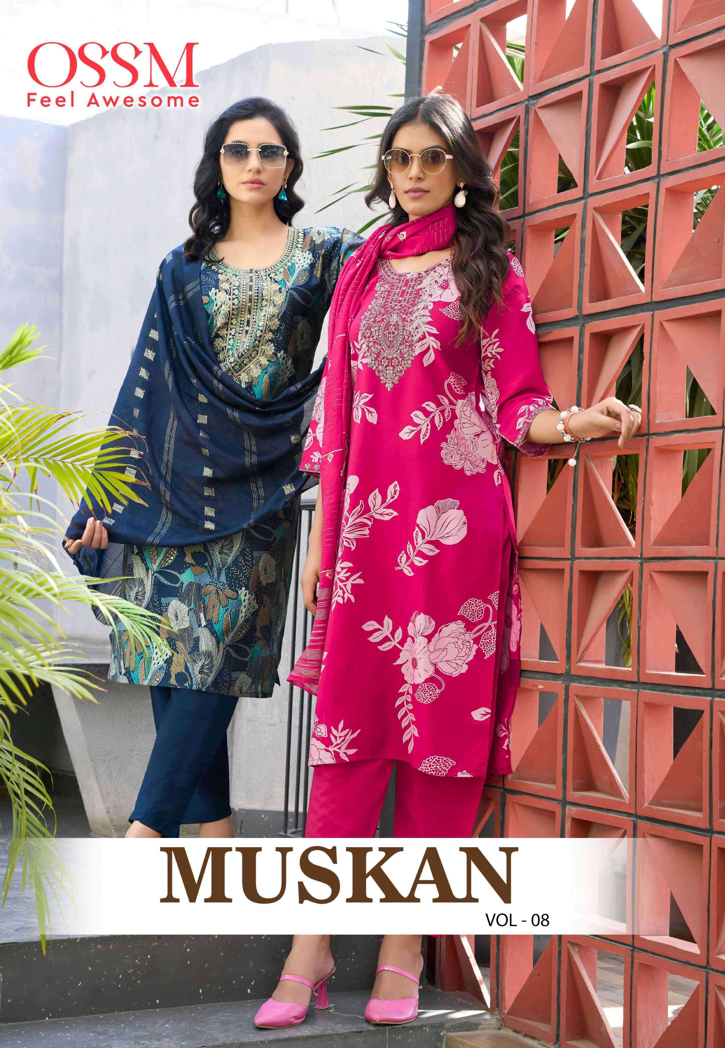 muskan vol 08 by ossm 8001-8006 series chanderi with embroidery worked designer salwar kameex best online price surat