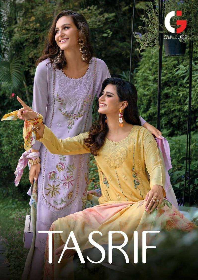 tasrif by gull jee 1001-1006 series pure muslin beautiful embroidery fancy salwar kameez best online price surat