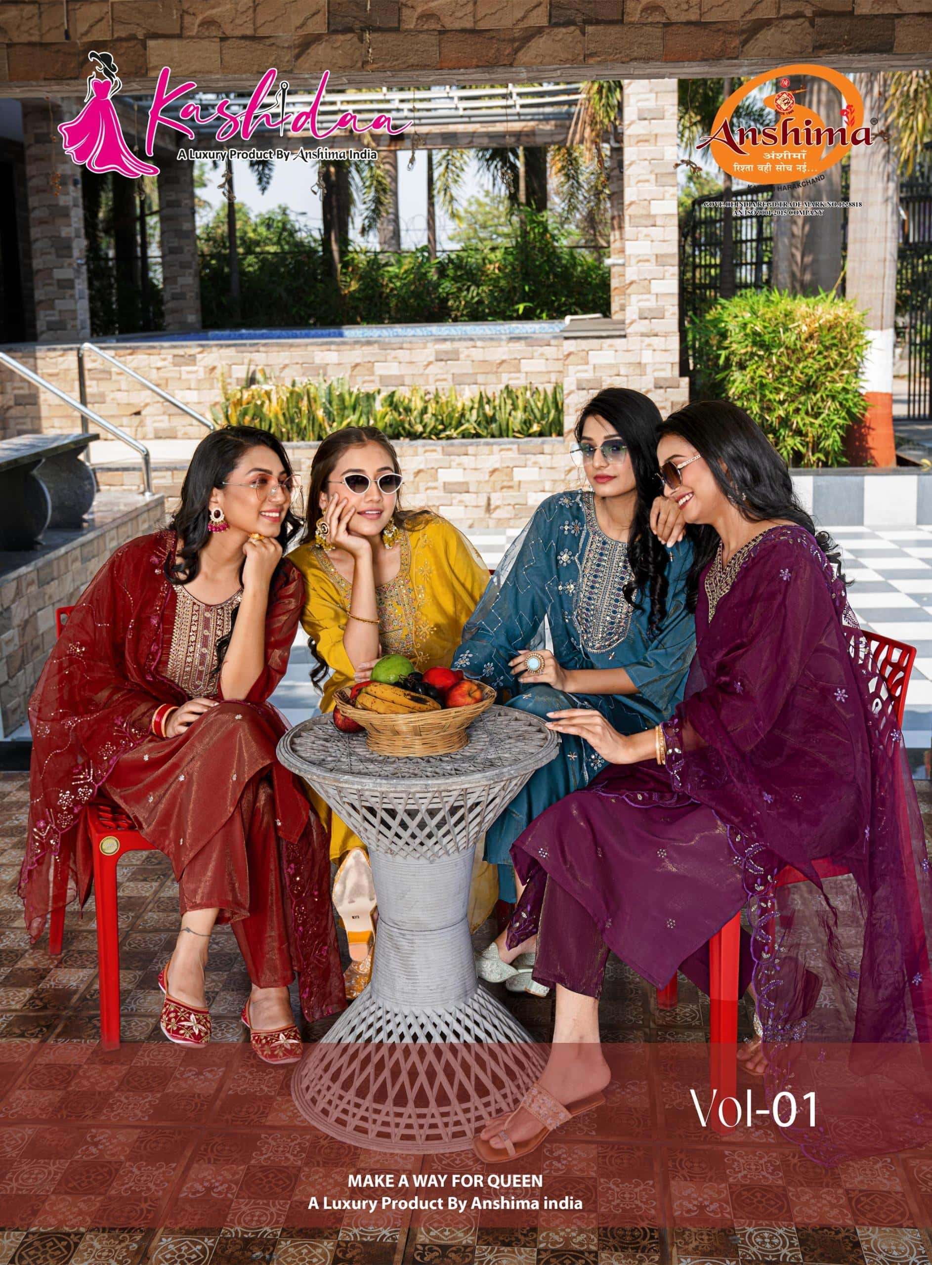 vamika vol 1 by kashida1001-1010 series roman simmer with aster designer kurti with pant set best price online surat