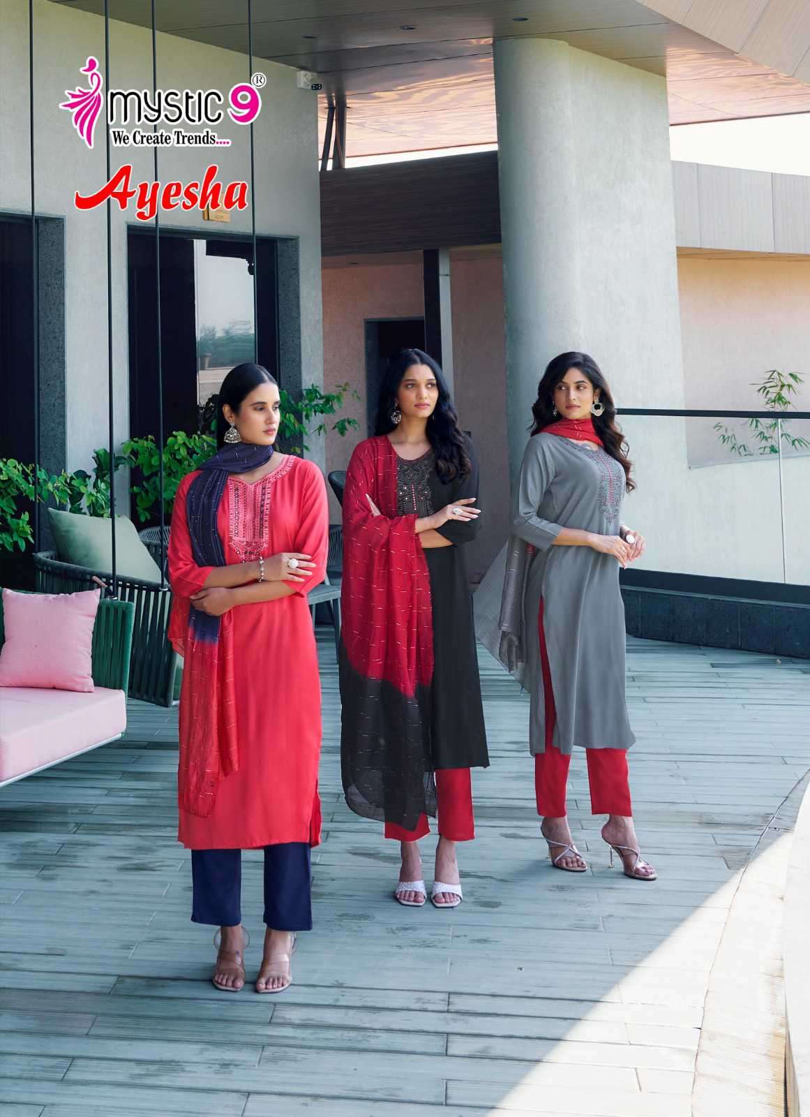 ayesha vol 1 by mystic9 1001-1007 series exclusive designer fancy embroidery readymade straight cut catalogue online surat