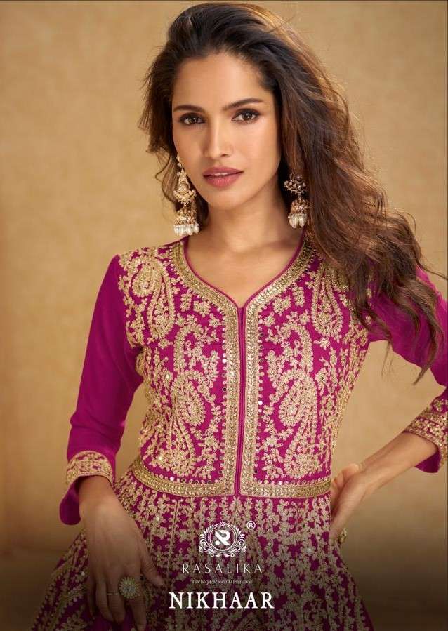 nikhaar by rasalika 1401-1404 series heavy embroidery readymade party wear salwar kameez best online price surat