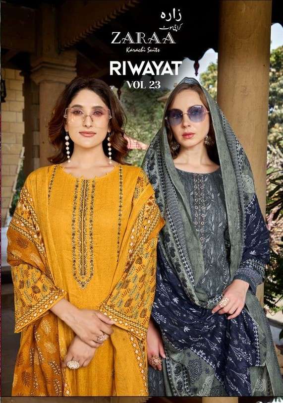 riwayat vol 23 by zaraa 23001-23008 series exclusive designer digital printed unstitched salwar kameez online surat