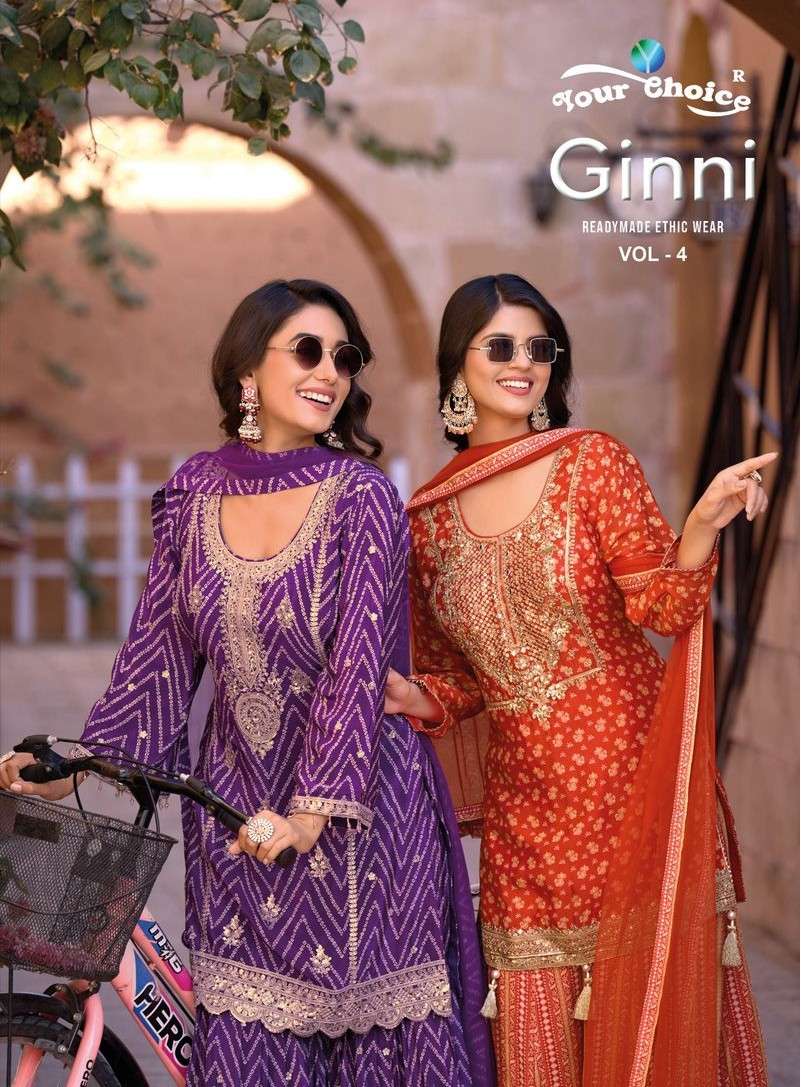 ginni vol 4 by your choice 4001-4004 series fancy embroidered heavy sharara suits party wear collection online surat