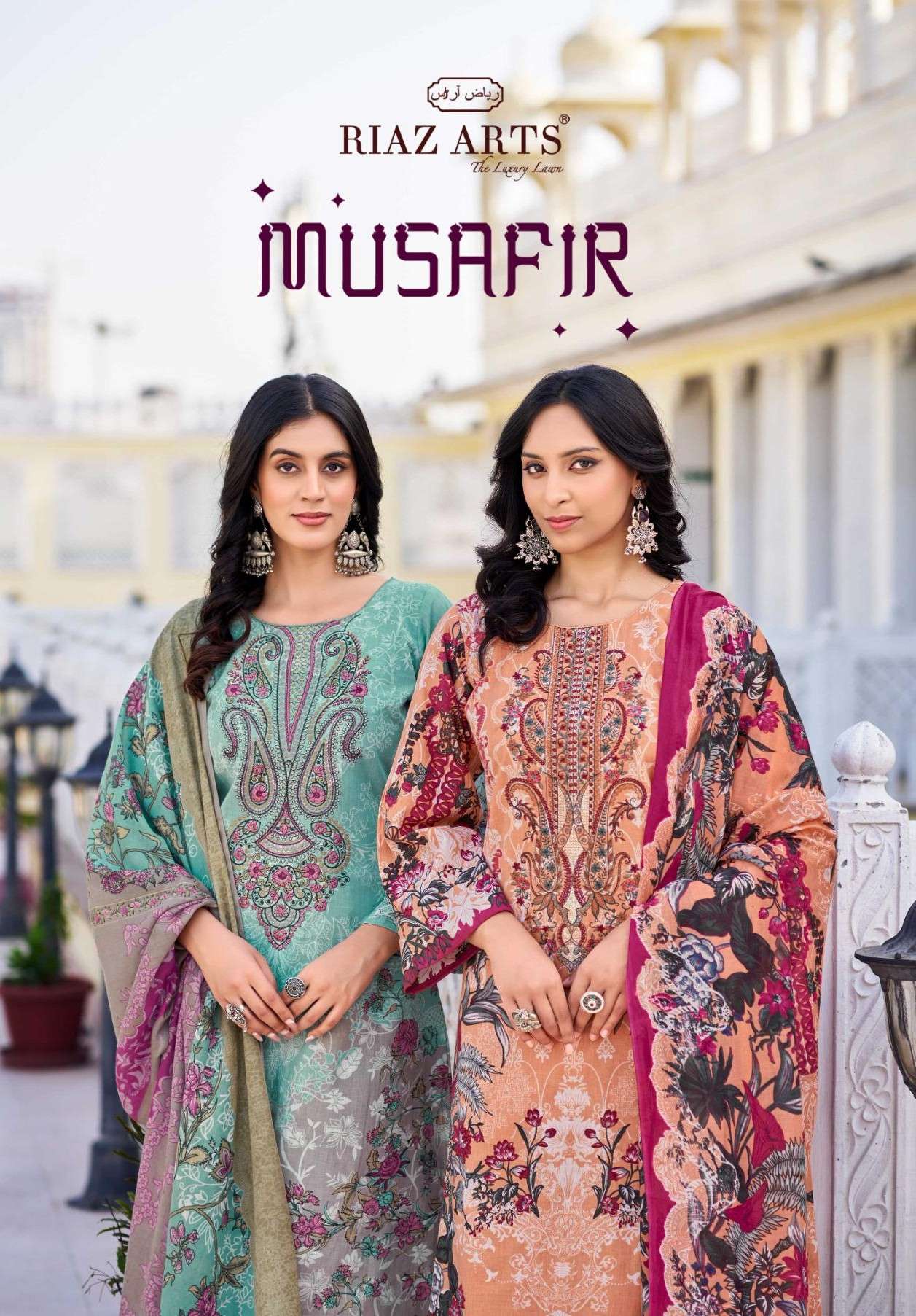 musafir vol-26 by riaz arts 1001-1008 series heavy pakistani embroidery wotk with digital printed suits collection surat