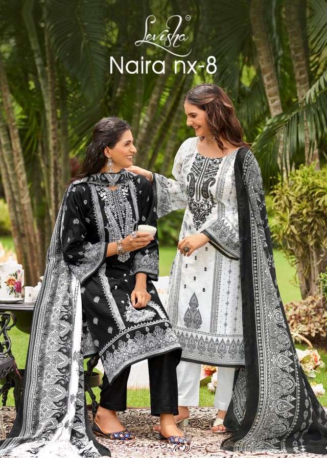 naira nx vol-8 by levisha 8013-8020 series fancy self embroidered casual wear cotton suit online dealer surat