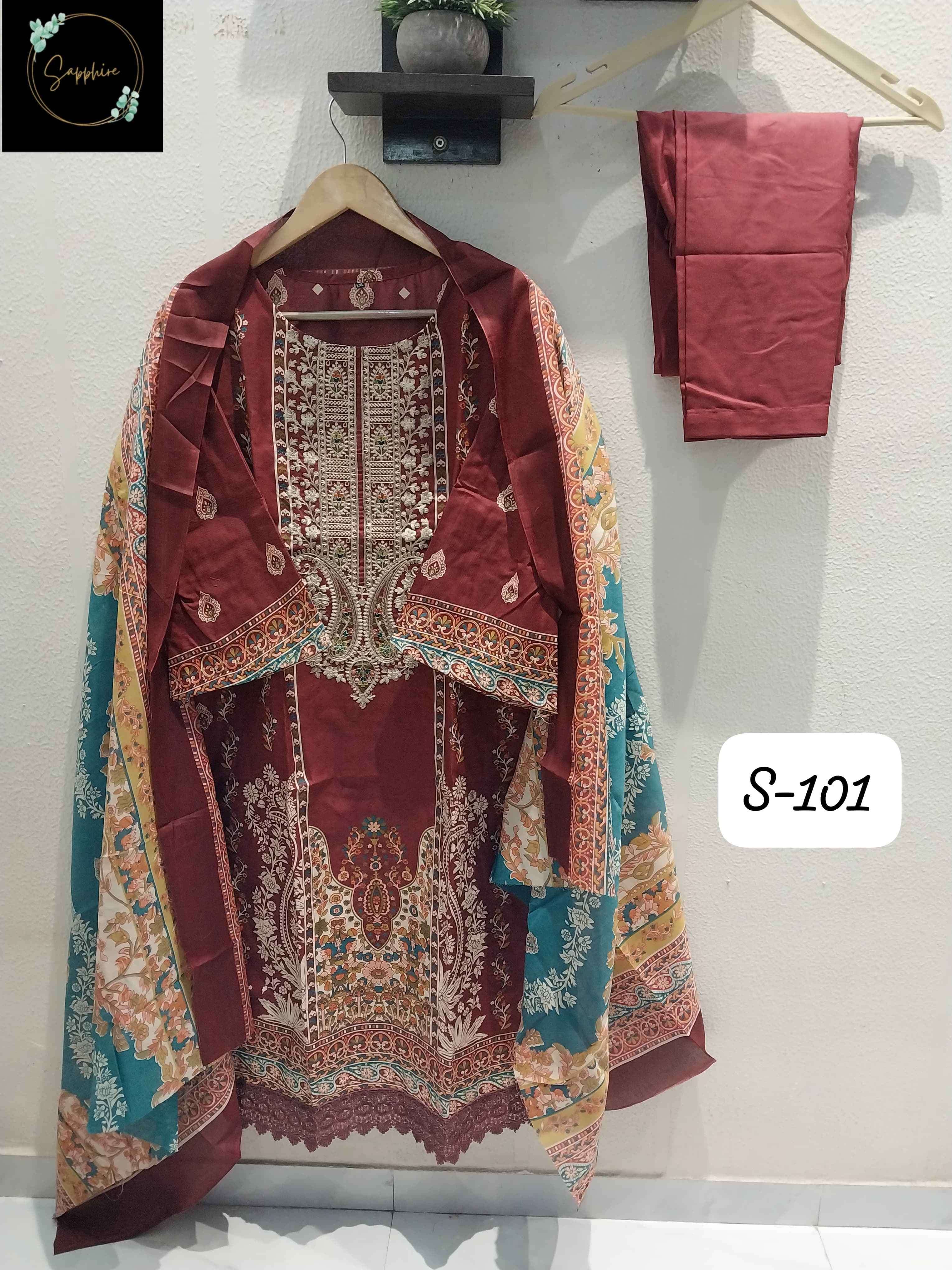 101 by sapphire fancy embroidered party wear cotton suit wholesale dealer surat