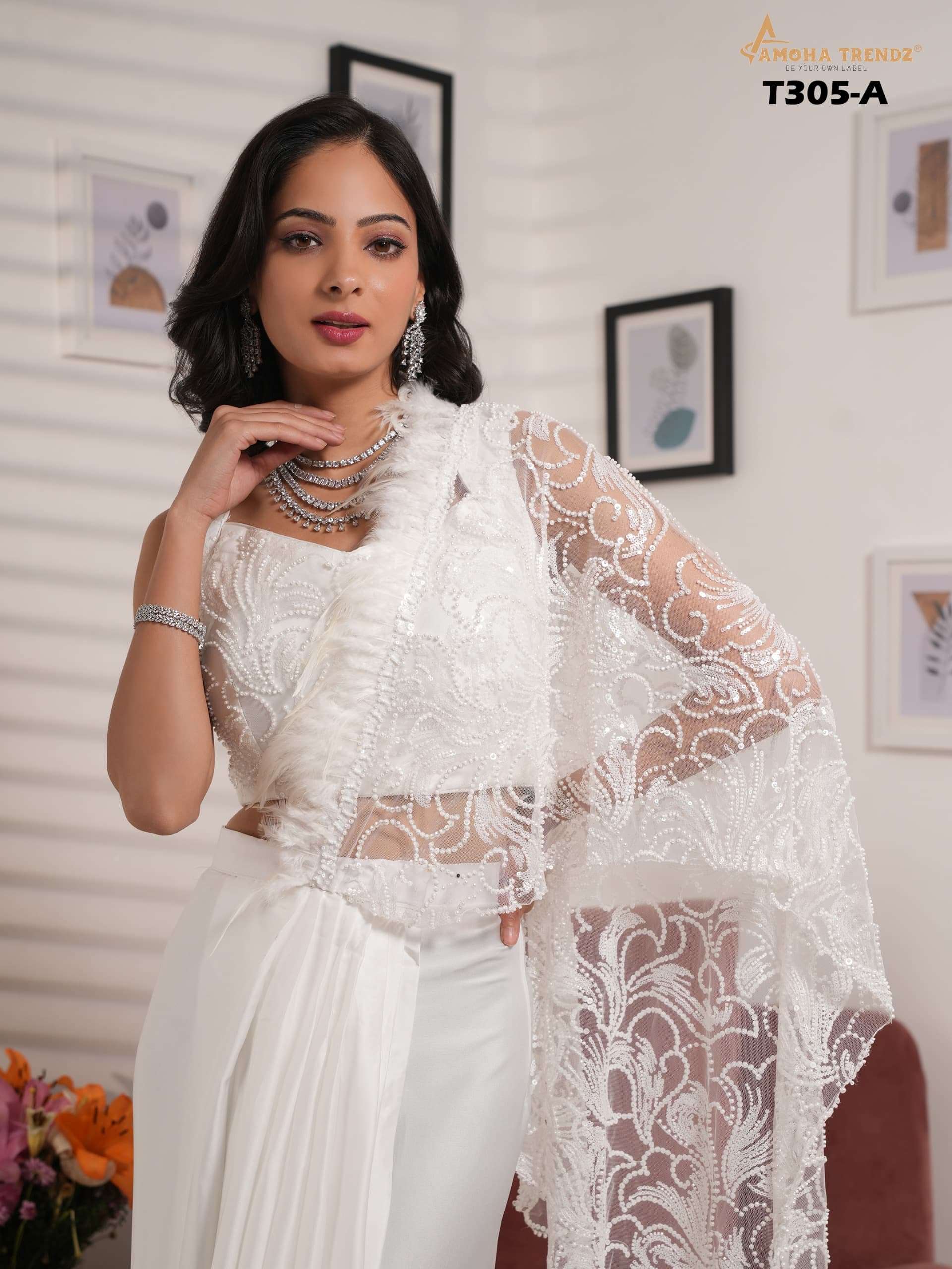 305 by amoha fancy hand embroidered stylish party wear readymade saree supplier surat
