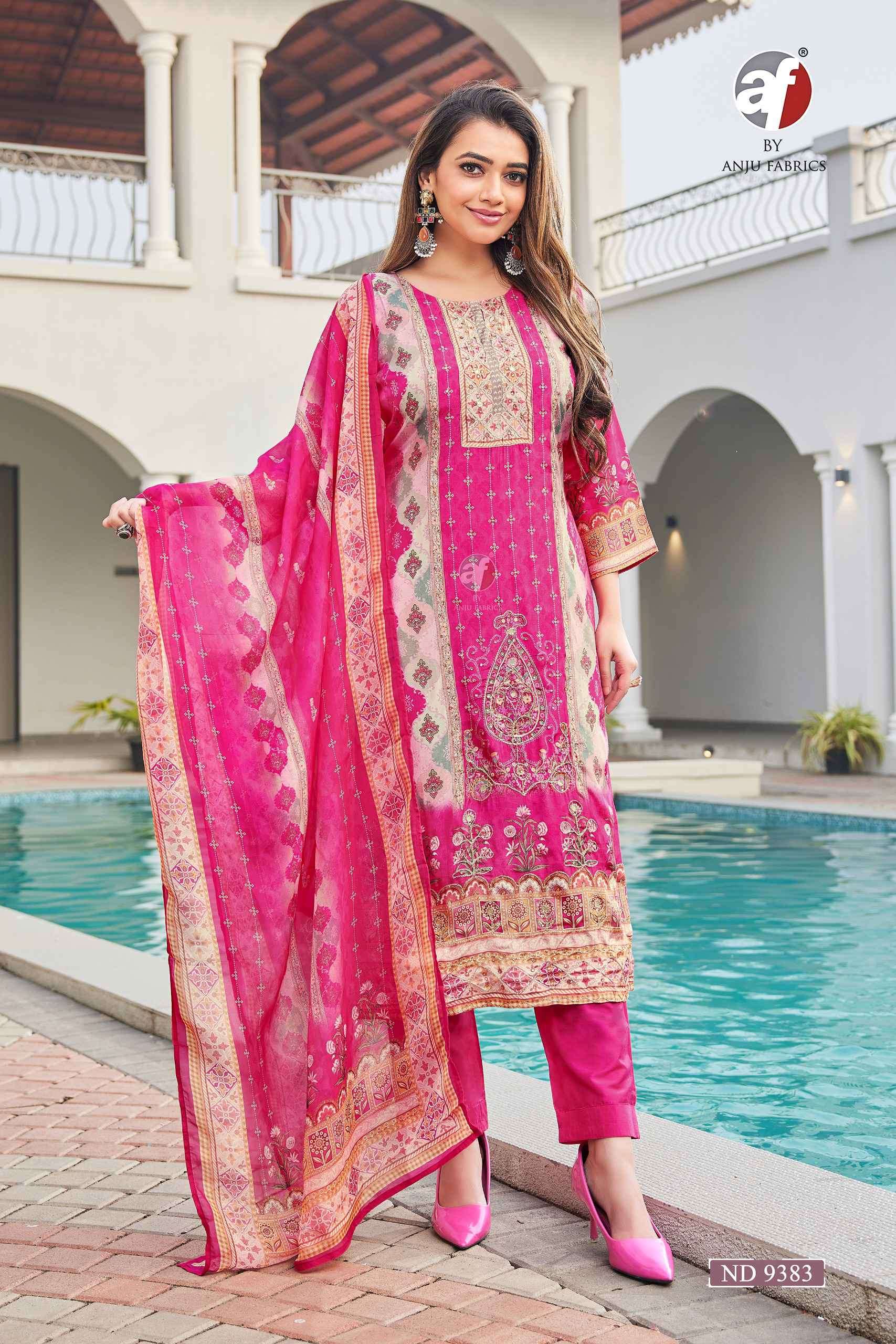 9383 by anju fabric exclusive aari wotk party wear kurti combo set collection surat