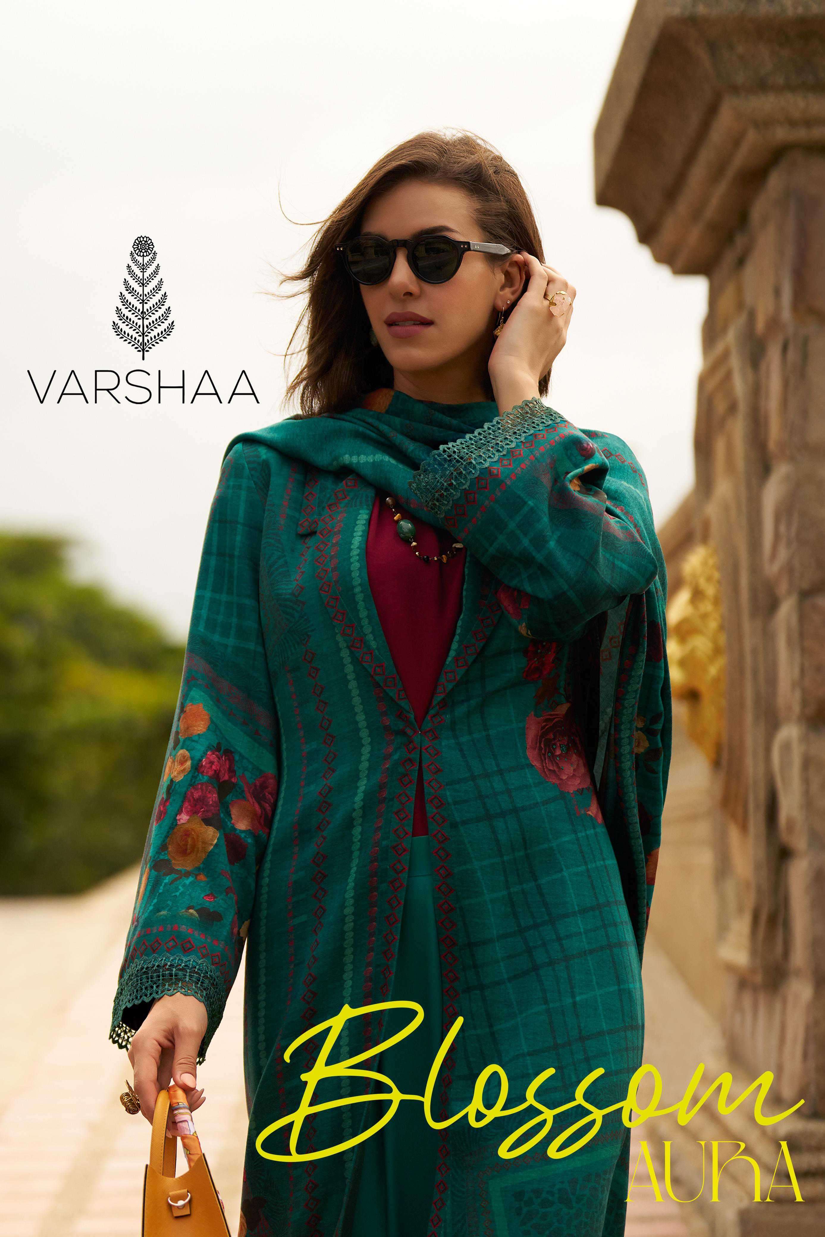 blossom aura by varshaa fancy handworh with pashmina digital printed salwar suit wholesaler surat