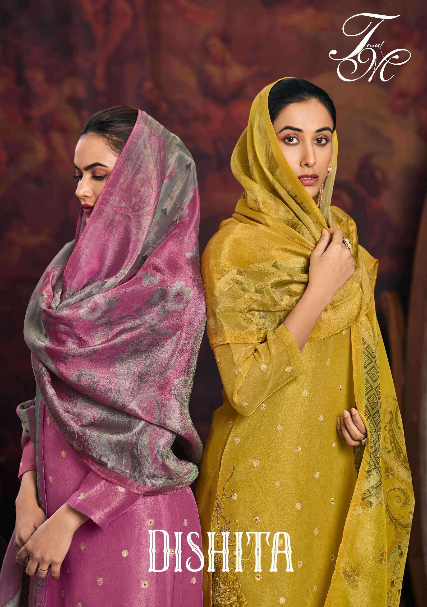 dishita by t&m fancy embroidered tissue jacquard party wear suit wholesaler surat