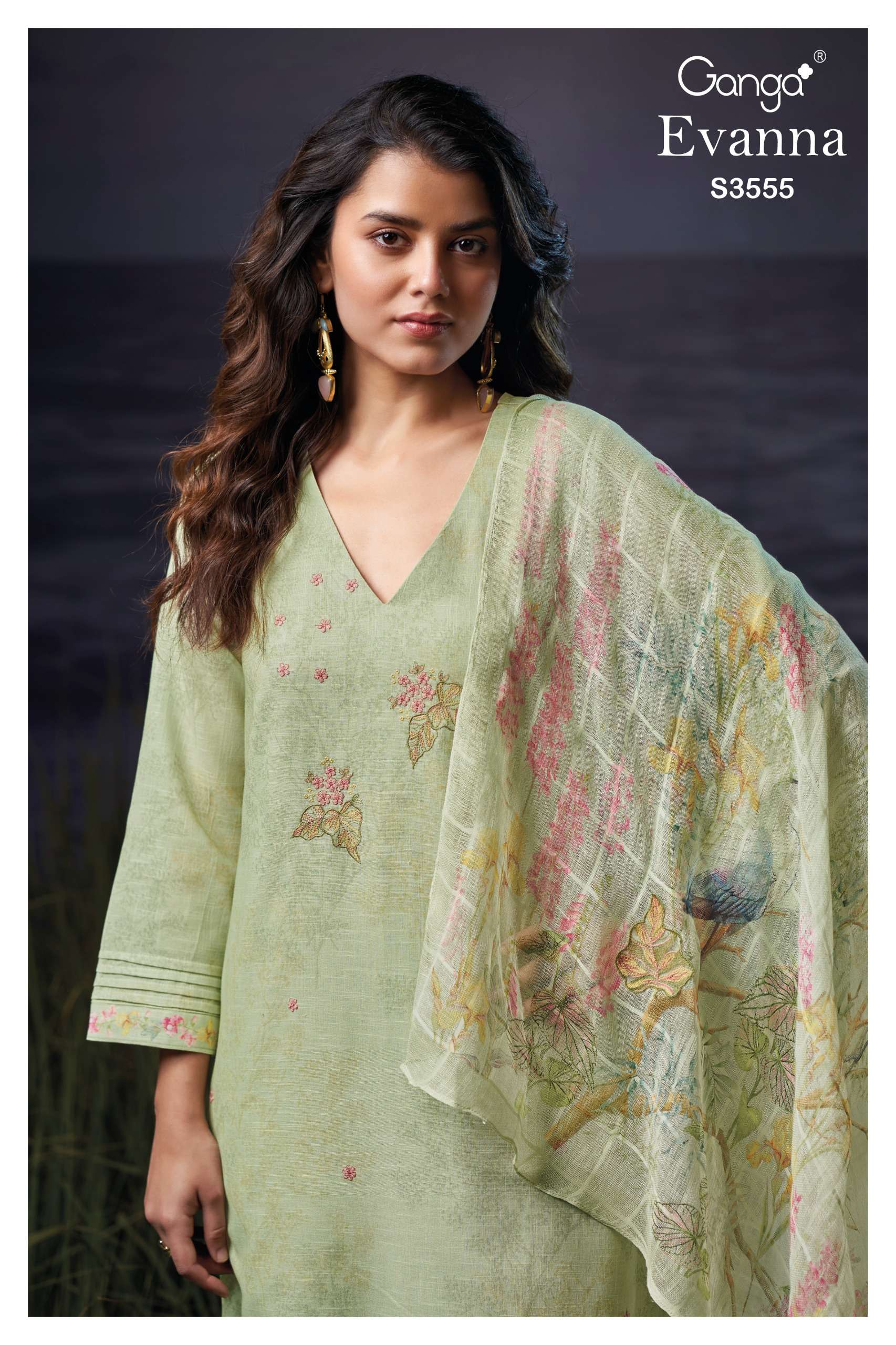 evanna 3555 by ganga summer wear cotton linen with embroidered suit supplier surat