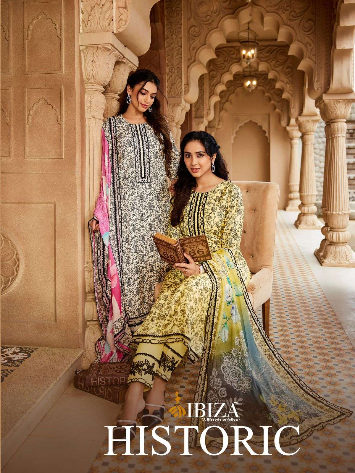 historic by ibiza colors exclusive embroidery work with digital printed muslin suit exporter surat