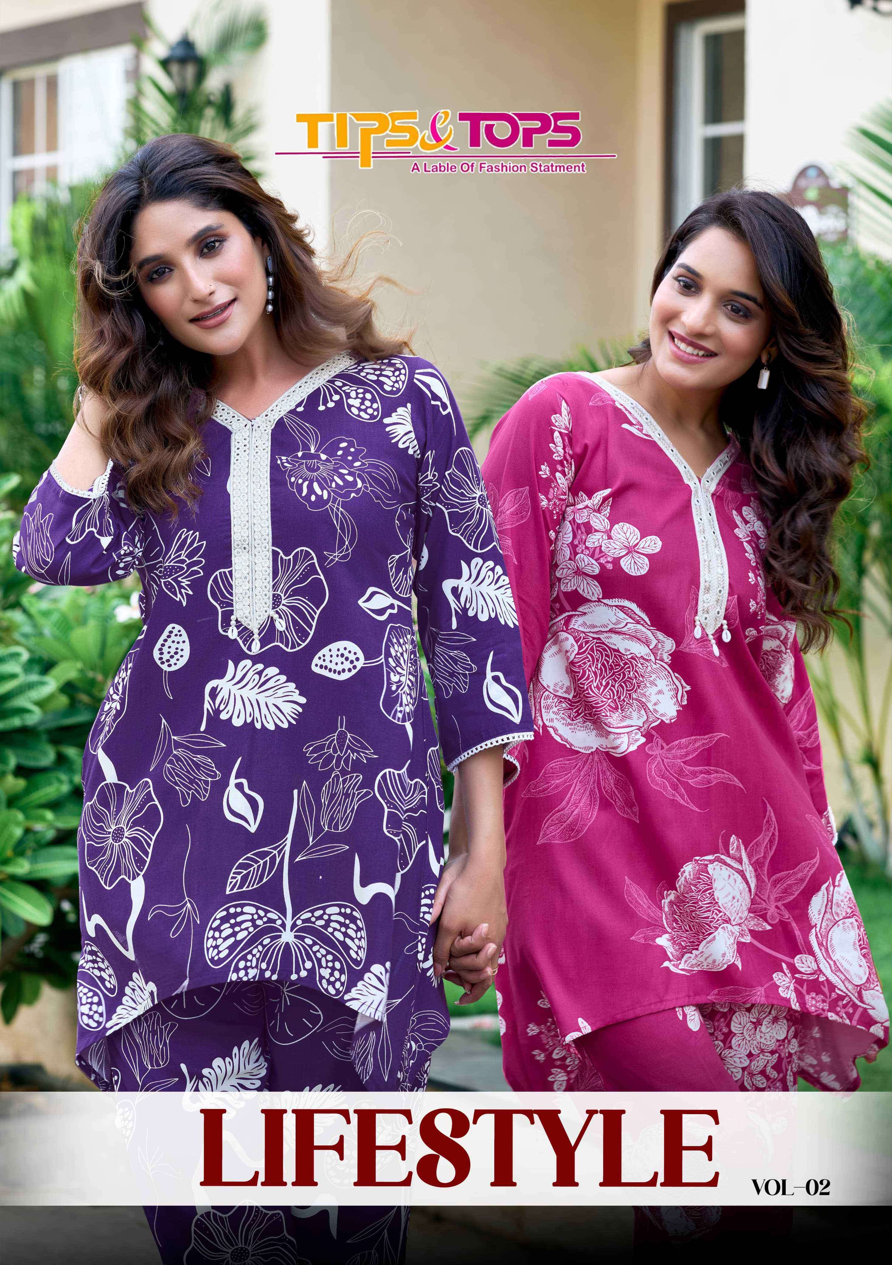 lifestyle vol-2 tips and tops colors casual wear rayon print cord set supplier surat