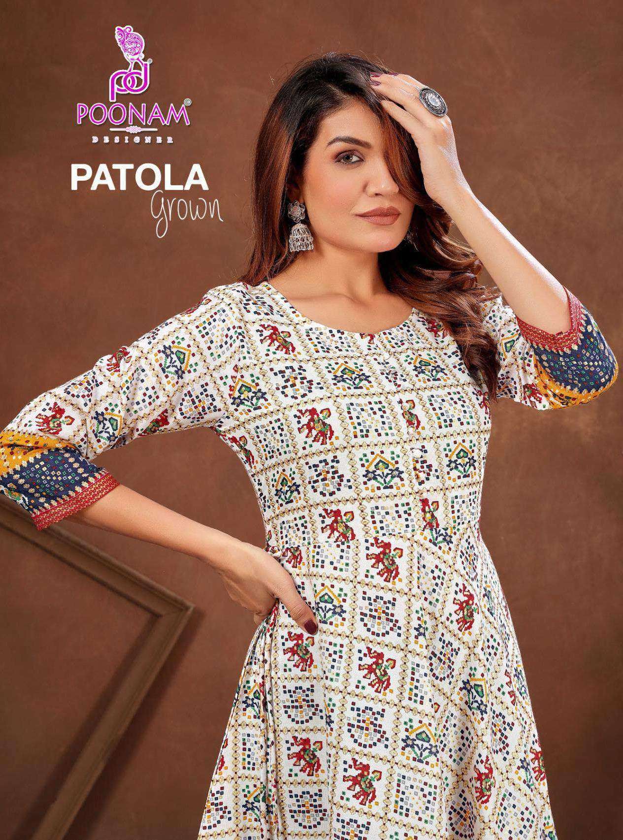  patola gown  by poonam summer wear cotton patola printed kurti wholesaler surat