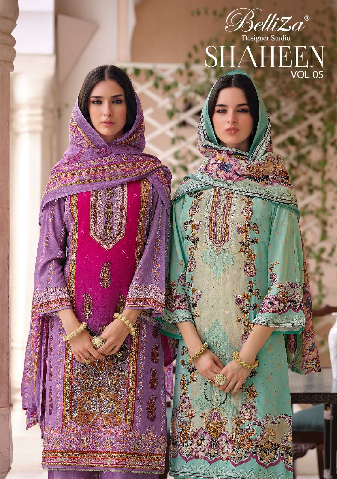 shaheen vol-5 by belliza designer exclusive embroidery with digital printed salwar suit supplier surat