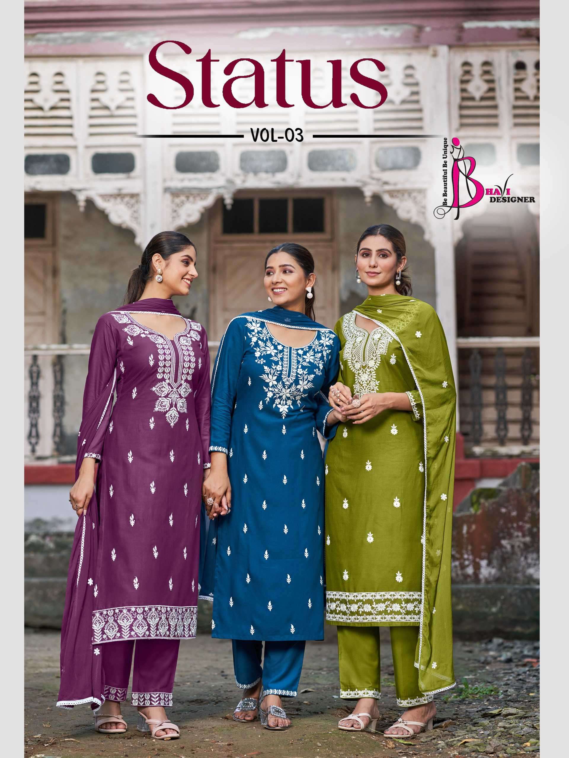 status vol-3 by bhavi designer 1009-1012 series exclusive work rayon readymade collection surat
